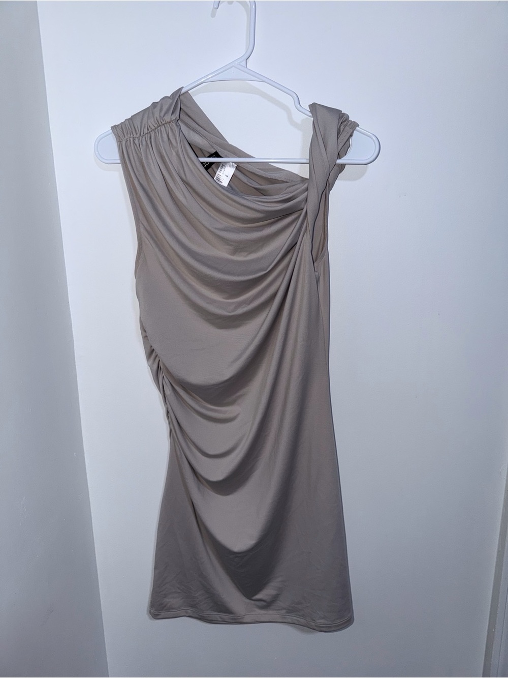 H&M One-Shoulder Draped Dress in Mushroom Taupe